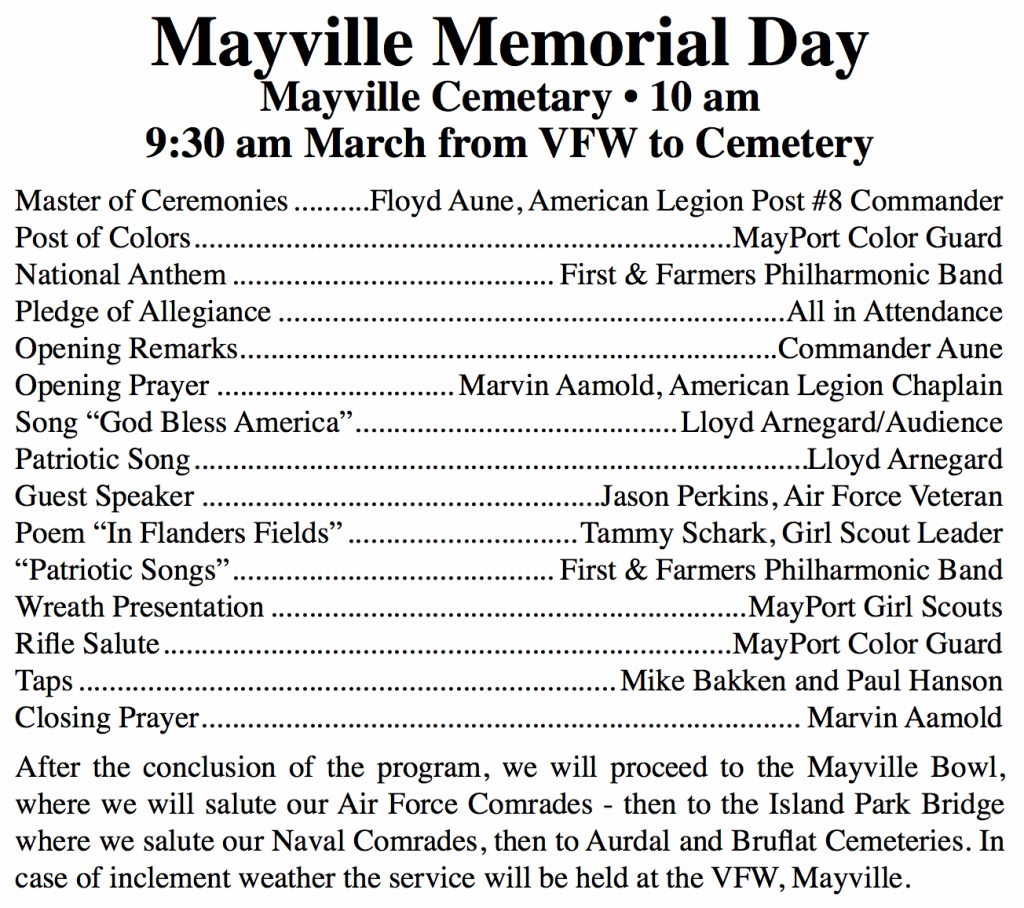 Memorial Day Service - Mayville @ Mayville Cemetary