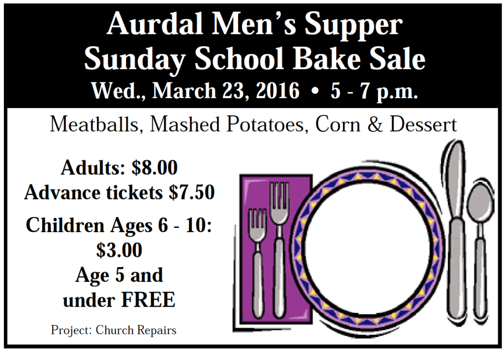 Aurdal Men's Supper & Sunday School Bake Sale @ Aurdal Church