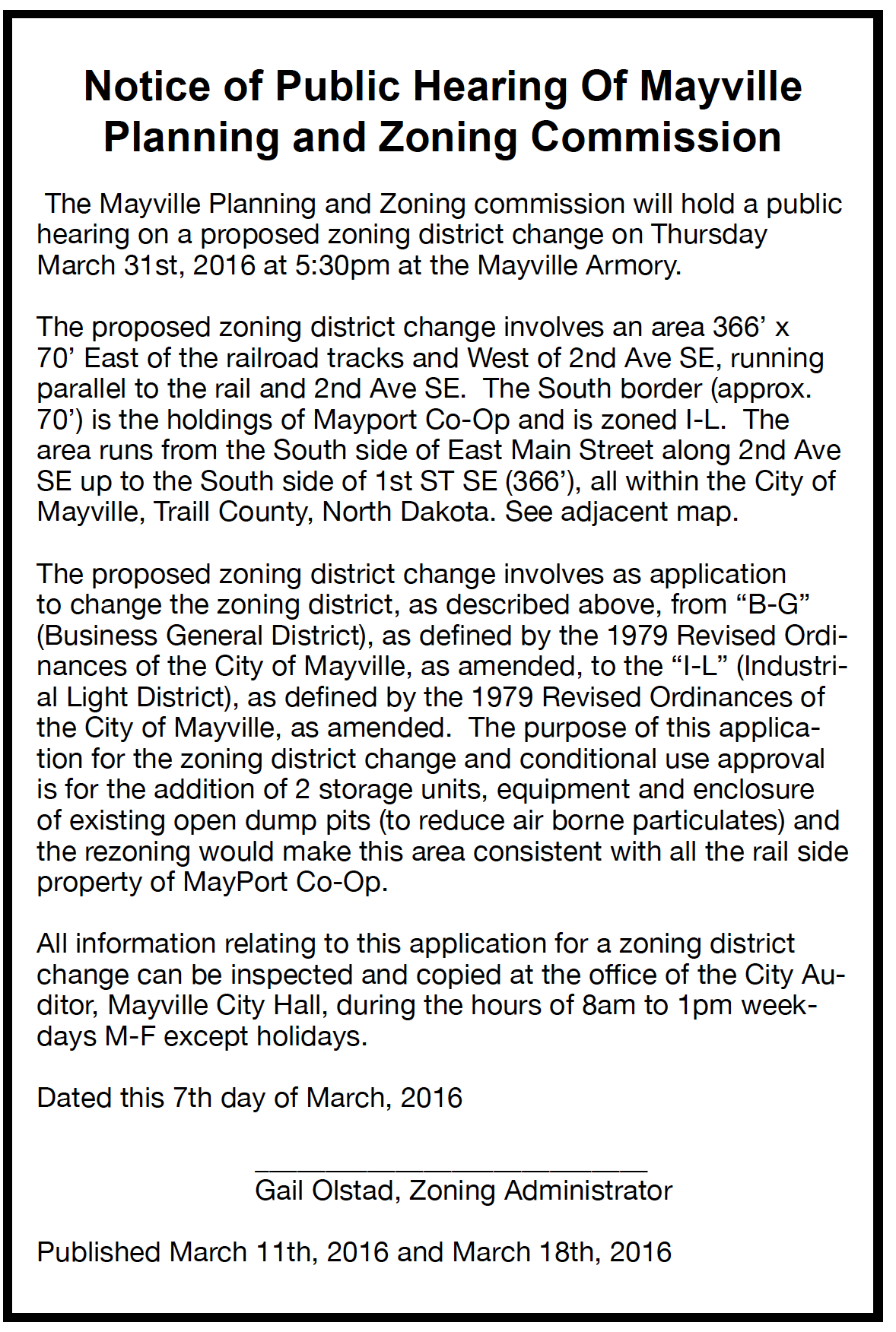 Public Hearing - Mayville Planning & Zoning Commission