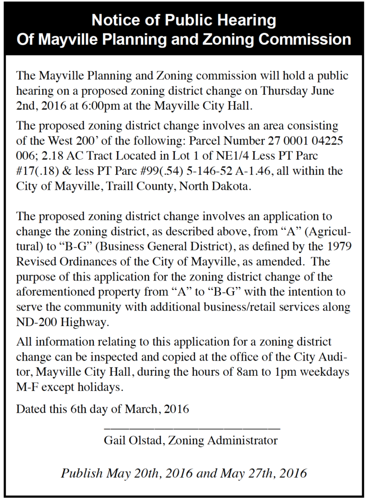 Mayville Planning and Zoning meeting @ Mayville City Hall