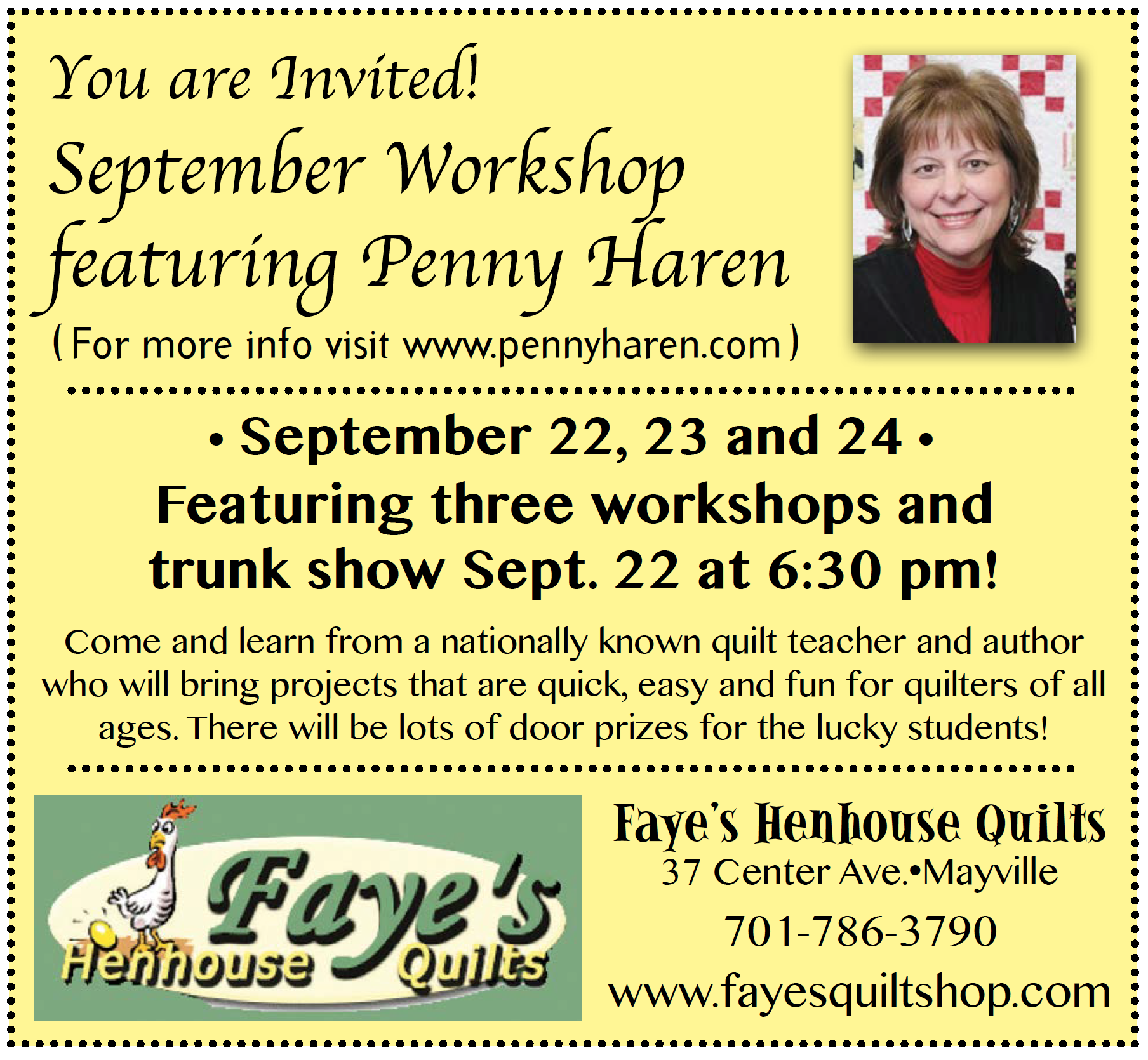 September Quilting Workshop - Featuring Penny Haren @ Faye's Henhouse Quilts