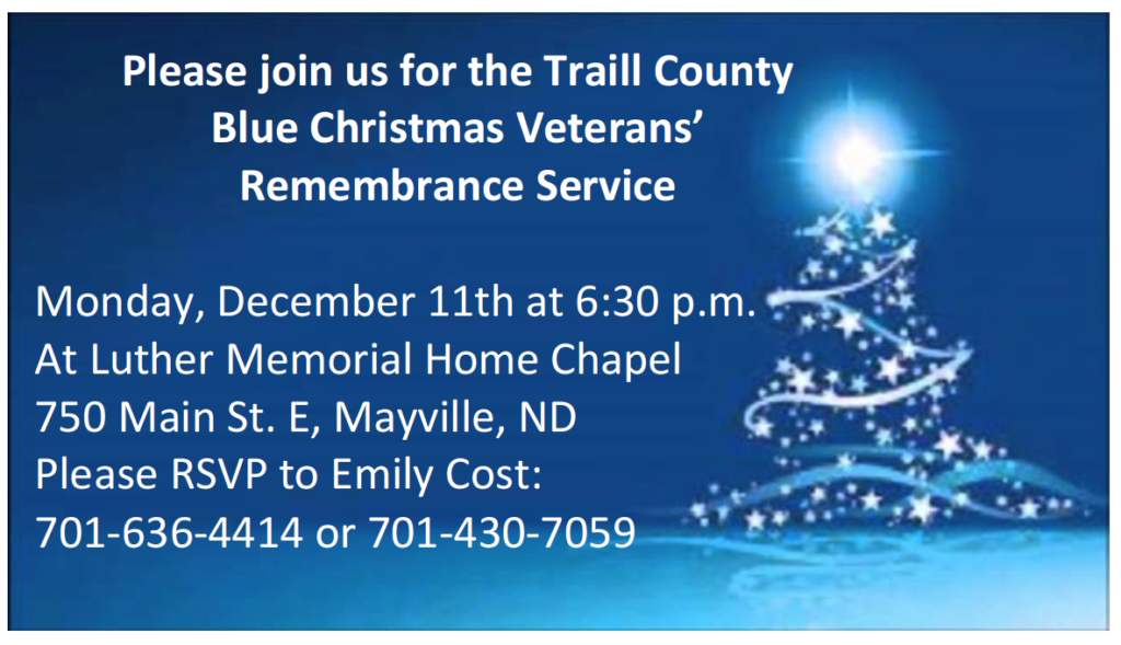Traill County Blue Christmas Veterans' Remembrance Service @ Luther Memorial Home Chapel