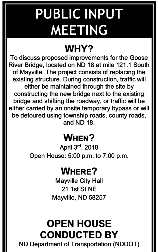 Public Input Meeting - Goose River Bridge South of Mayville @ Mayville City Hall