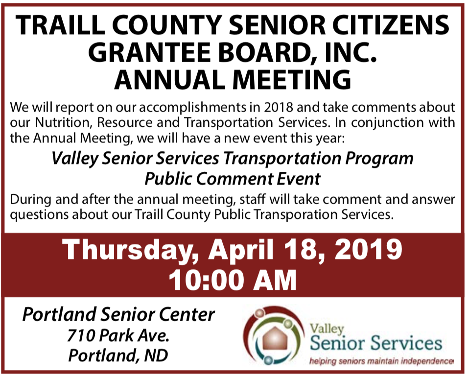 Traill County Senior Citizens Grantee Board Annual Meeting @ Portland Senior Center