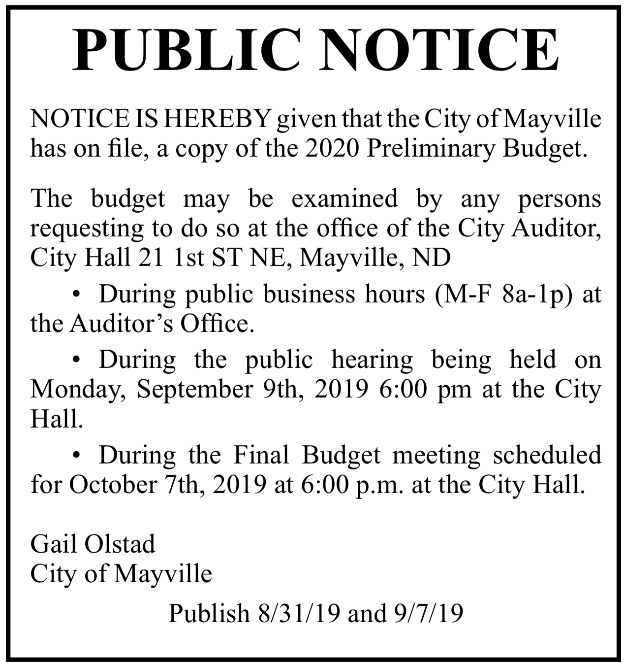 Public Notice - City of Mayville Preliminary 2020 Budget