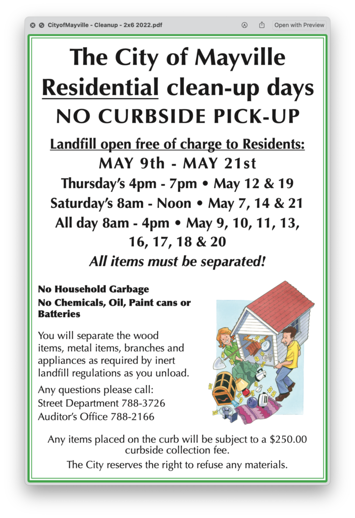 Mayville Cleanup Days - check image for days/times - No curbside Pickup